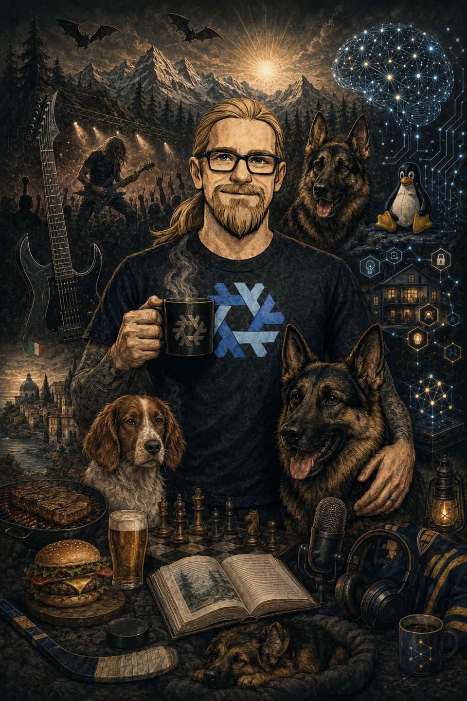 An illustrated portrait of Jax — a long-haired, bearded man in glasses and a NixOS T-shirt, holding a steaming coffee mug — surrounded by the things he likes: German Shepherds and a Welsh Springer Spaniel, mountains and pine forest, an electric guitar, a glowing constellation brain, a chess set, a burger and a beer, bats in the night sky, and a hockey stick.